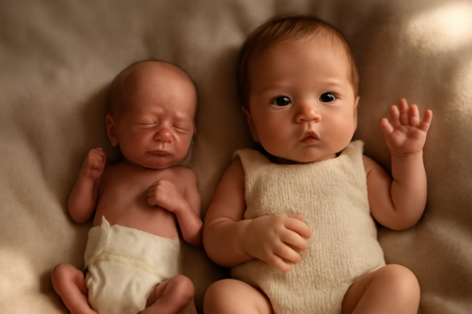 Immagine concettuale comparativa di un micro preemie reborn e un mini reborn in Italia, per guidare la scelta