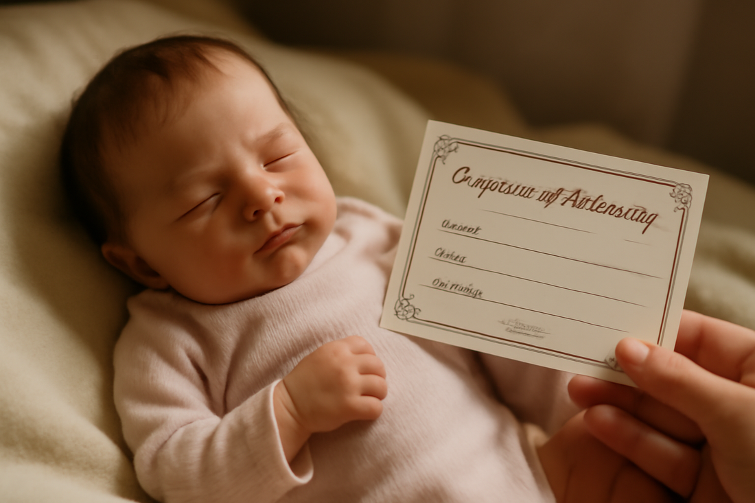 Illustrazione di una bambola reborn realistica con un certificato di autenticità e una garanzia, simboleggiando la fiducia e la qualità per i collezionisti in Italia.